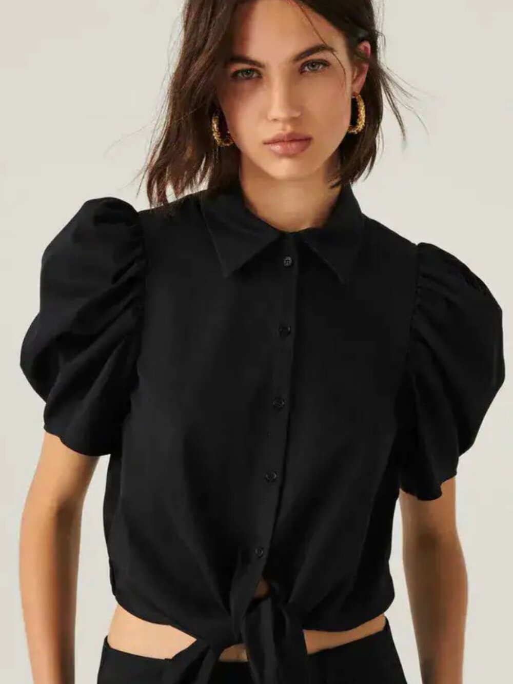 NWT Womens ba&sh Black (Item- 51) Dean Puff Sleeve Front Tie Shirt Blouse Top 0